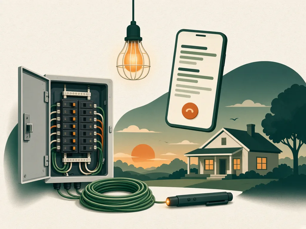 Illustration of an open breaker panel, a lit bulb and a phone quote form in front of a house at dusk