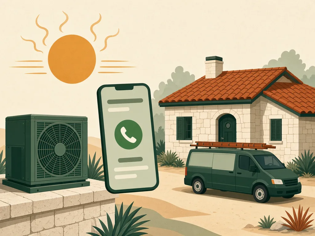 Illustration of a rooftop AC unit, a service van and a phone with a call button outside a Texas stone house
