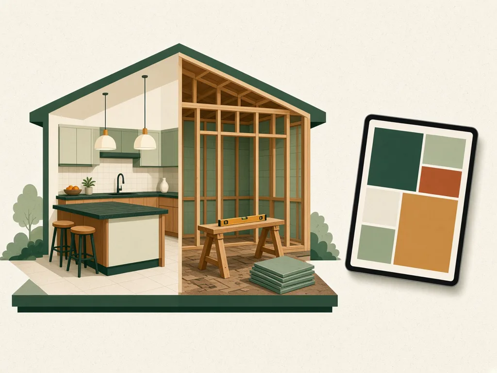 Illustration of a house cut in half, a finished kitchen on one side and open framing on the other, beside a tablet photo gallery
