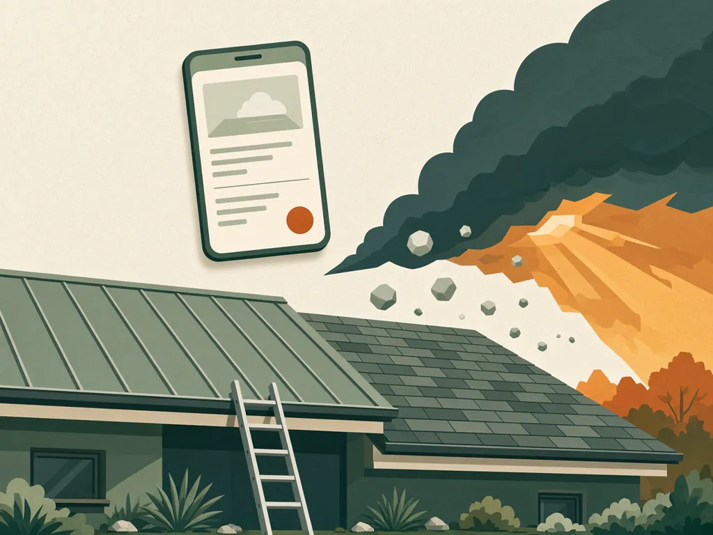 Illustration of a metal and shingle roof with a ladder, hail falling from a storm cloud and a phone inspection request