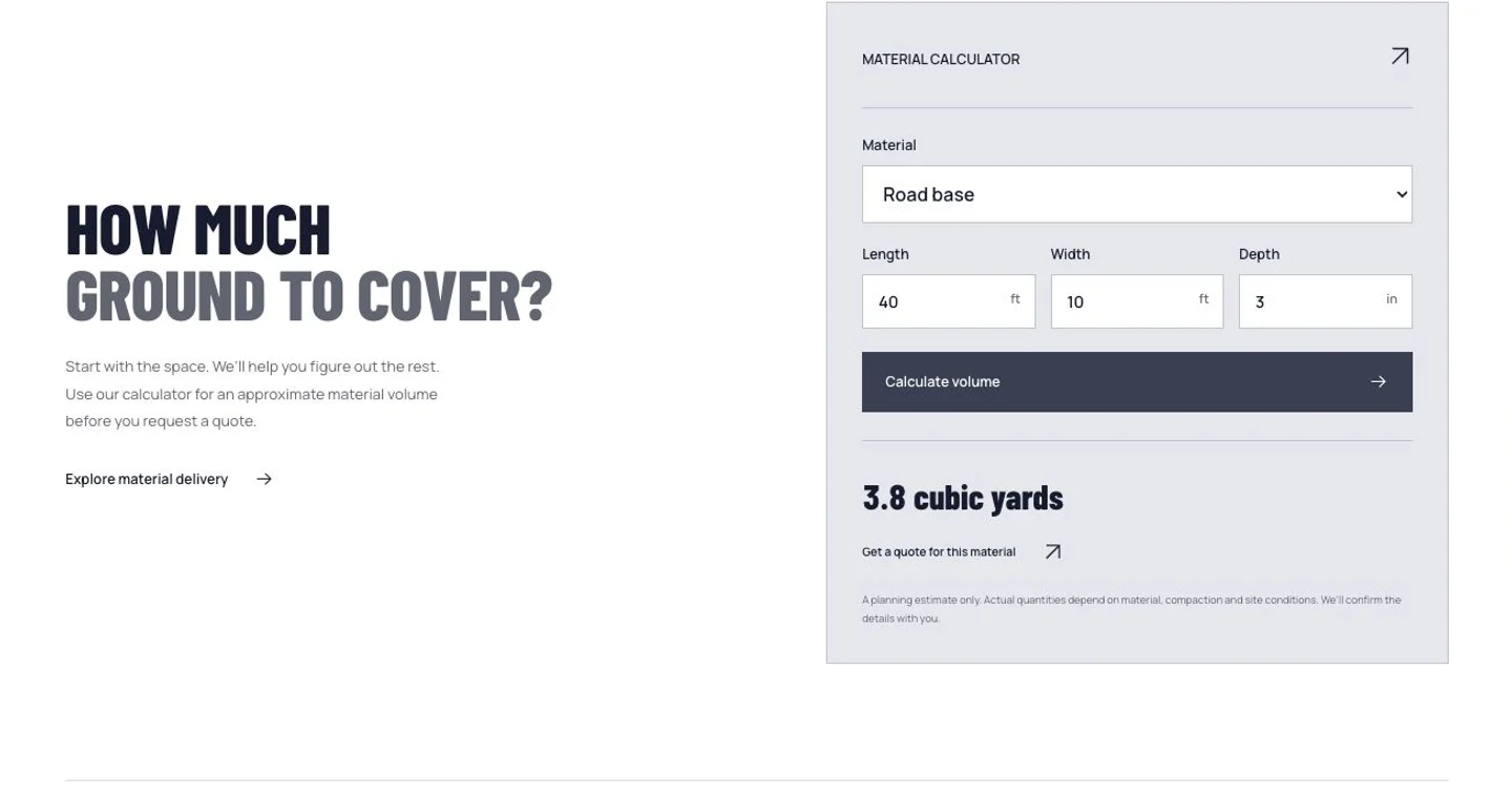 Juniors material calculator displaying a 3.8 cubic yard planning estimate and a link to request a delivery quote.