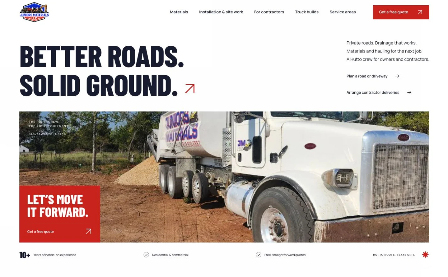 Juniors Materials homepage showing private-road services, quote options and a real hauling truck.