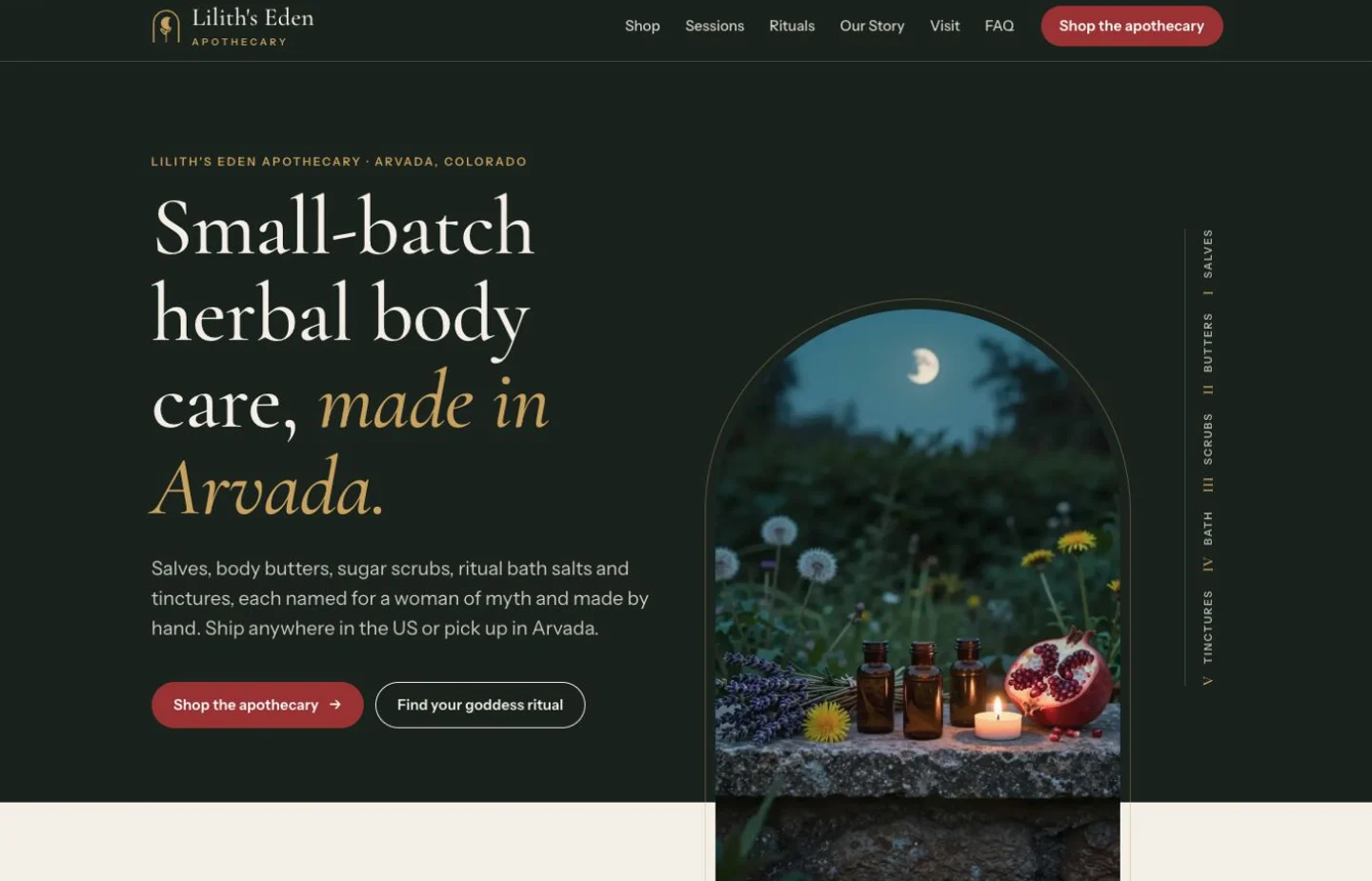 Lilith’s Eden homepage with cream-and-gold typography and a moonlit garden scene beside the herbal body-care introduction.