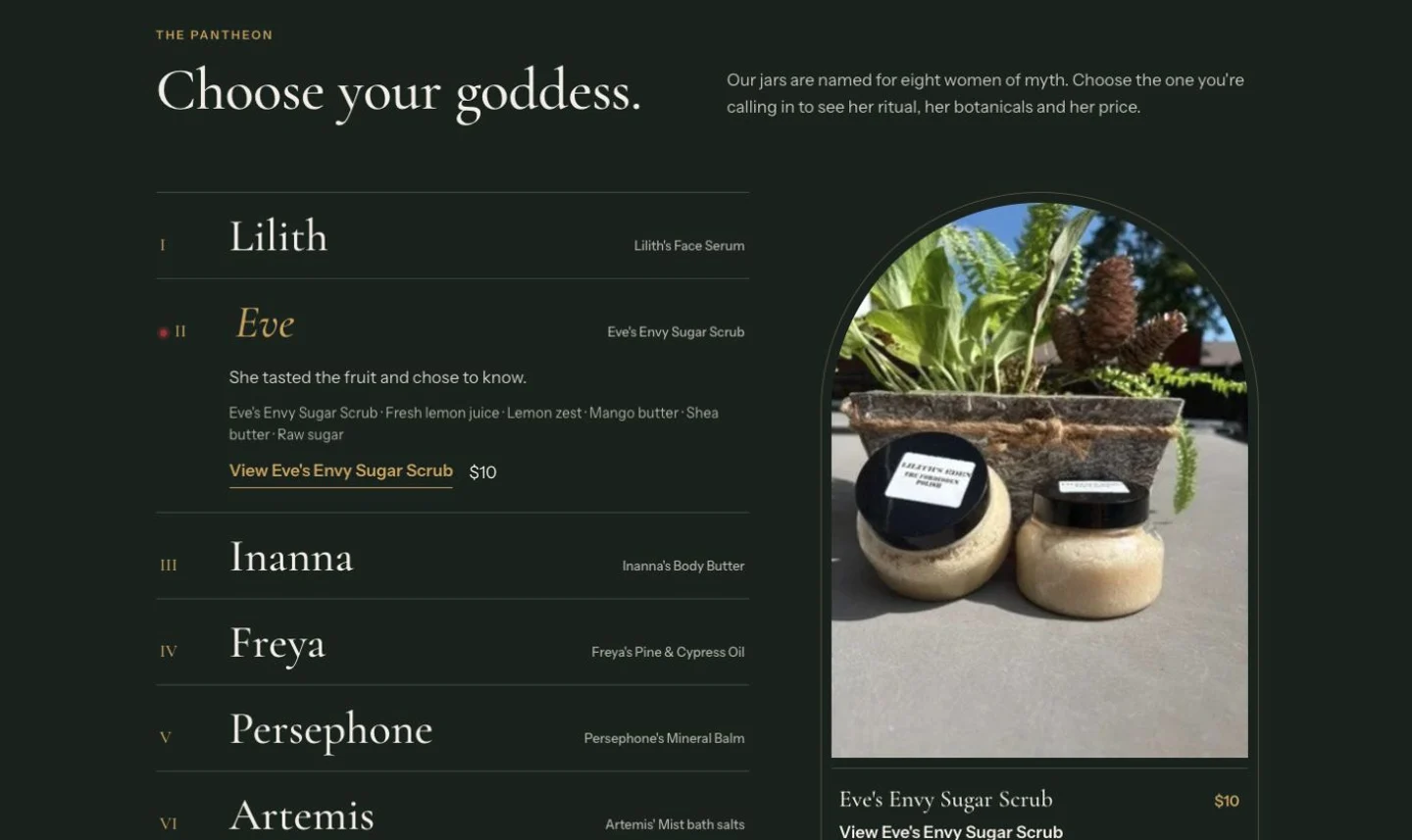 Lilith’s Eden goddess selector expanded to Eve, with ingredient notes, a product link and the apothecary’s photograph of two sugar-scrub jars.